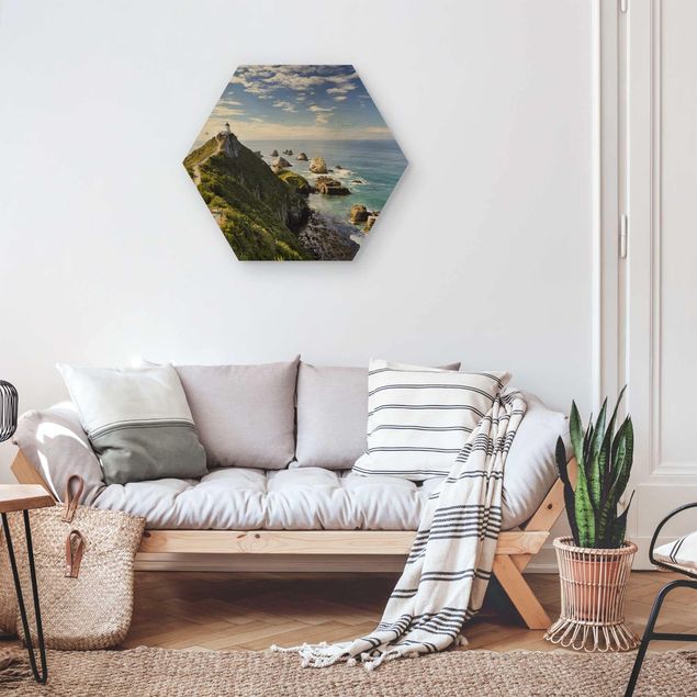 Prints på træ landskaber Nugget Point Lighthouse And Sea New Zealand