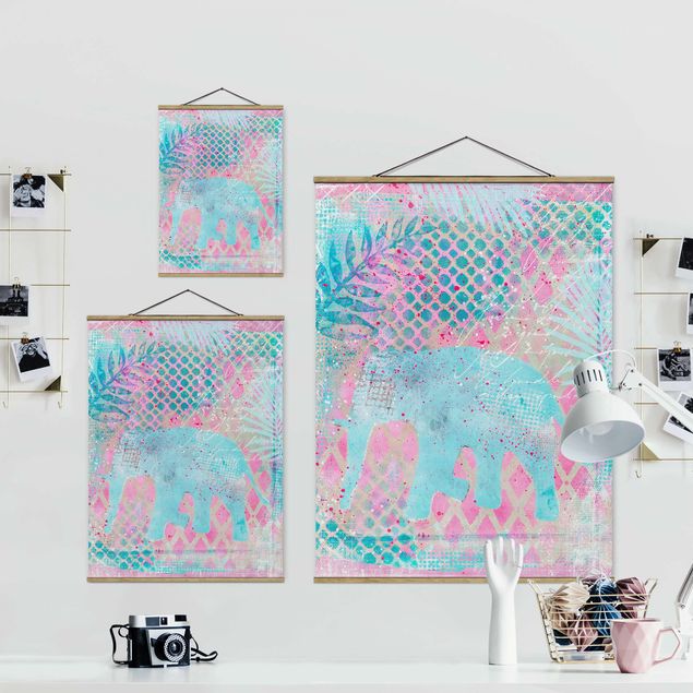 Billeder kunsttryk Colourful Collage - Elephant In Blue And Pink