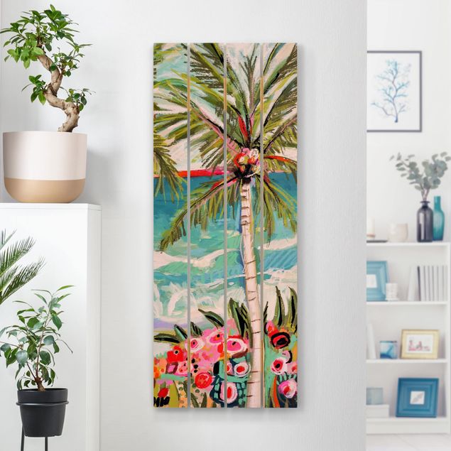 Prints på træ blomster Palm Tree With Pink Flowers II