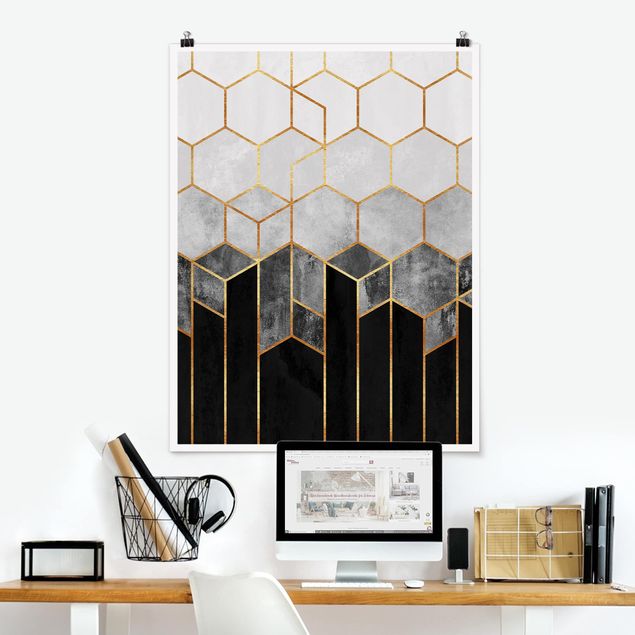 Plakater kunsttryk Golden Hexagons Black And White
