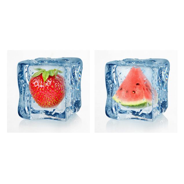 Billeder på lærred grøntsager og frukt Strawberry and melon in the ice cube