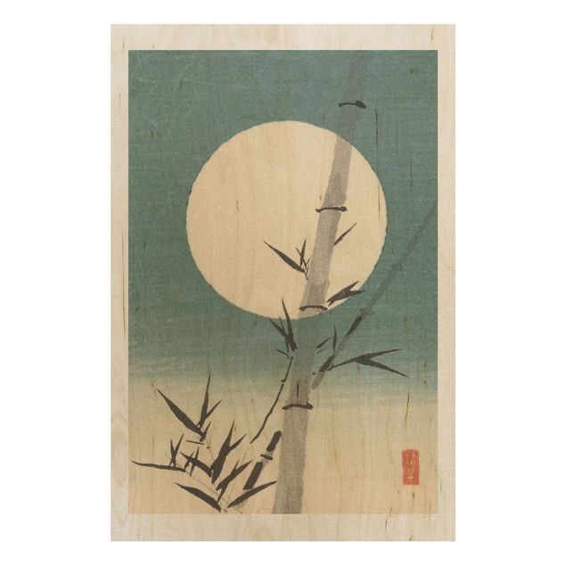 Prints på træ landskaber Japanese Drawing Bamboo And Moon