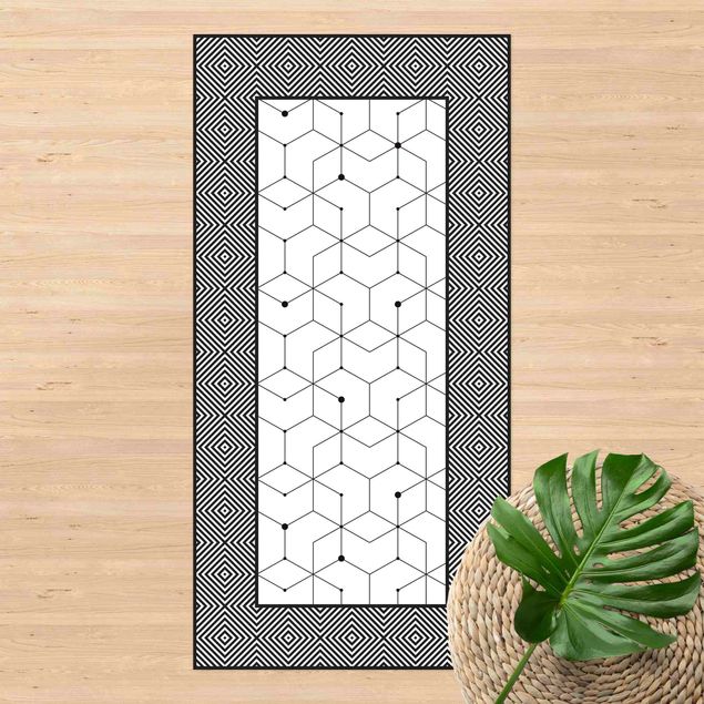 Udendørs tæpper Geometrical Tiles Dotted Lines Black And White With Border