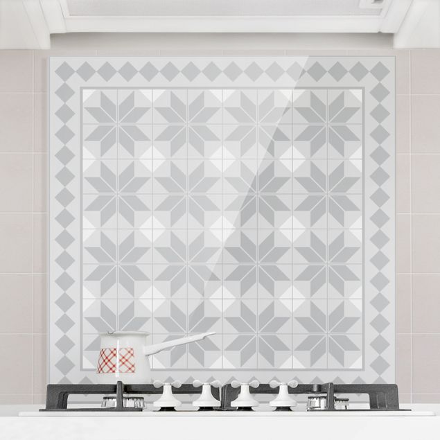 køkken dekorationer Geometrical Tiles Star Flower Grey With Border