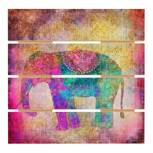 Prints på træ Colourful Collage - Indian Elephant