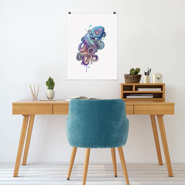 Plakater kunsttryk Illustration Octopus Violet Turquoise Painting