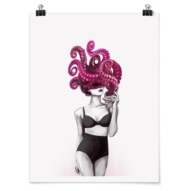 Plakater kunsttryk Illustration Woman In Underwear Black And White Octopus