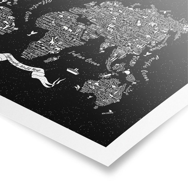 Billeder sort Typography World Map Black