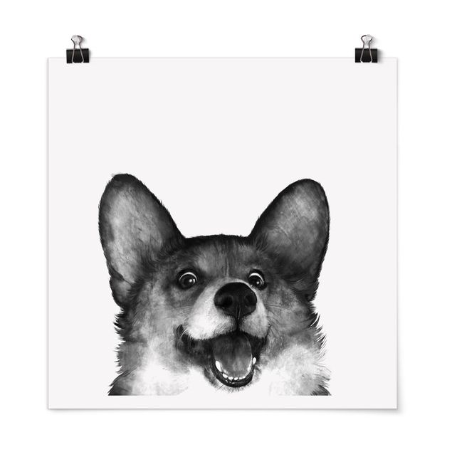 Plakater kunsttryk Illustration Dog Corgi Black And White Painting