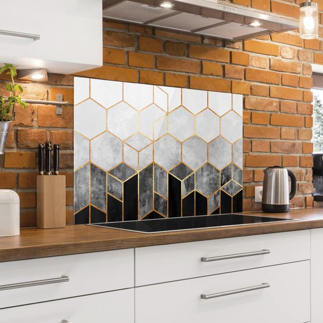 Stænkplader glas mønstre Golden Hexagons Black And White