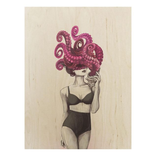 Billeder Illustration Woman In Underwear Black And White Octopus