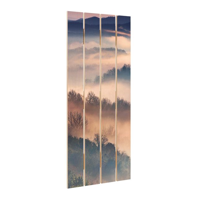 Holzbild - Nebel bei Sonnenuntergang - Hochformat 5:2