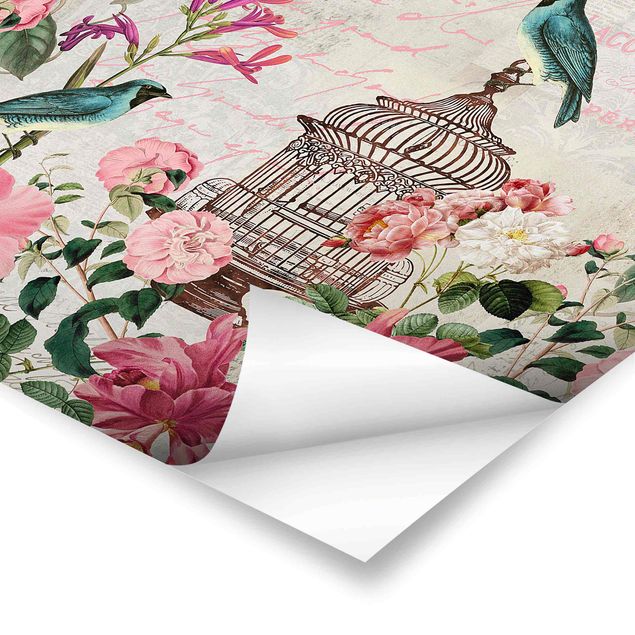 Billeder Andrea Haase Shabby Chic Collage - Pink Flowers And Blue Birds