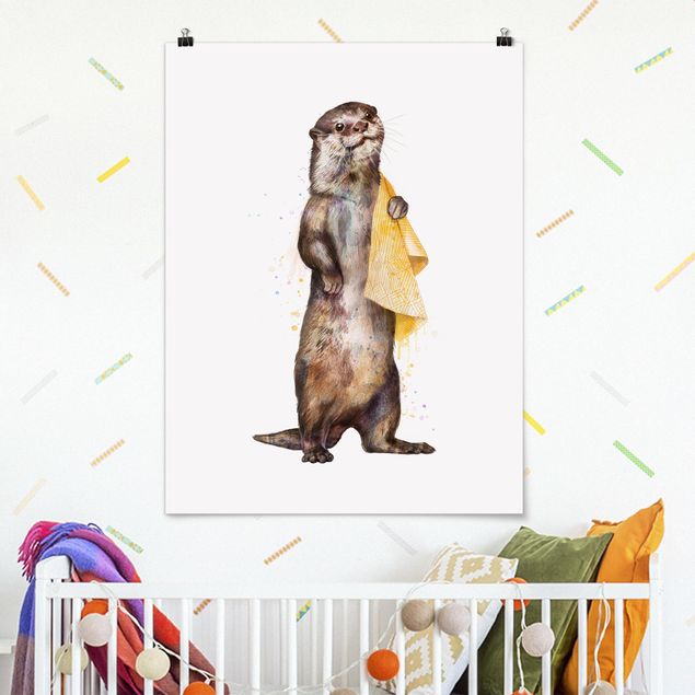 køkken dekorationer Illustration Otter With Towel Painting White