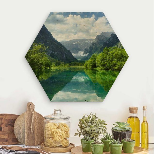 Prints på træ landskaber Mountain Lake With Water Reflection