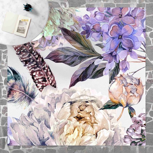 Tæppe til altan Delicate Watercolour Boho Flowers And Feathers Pattern