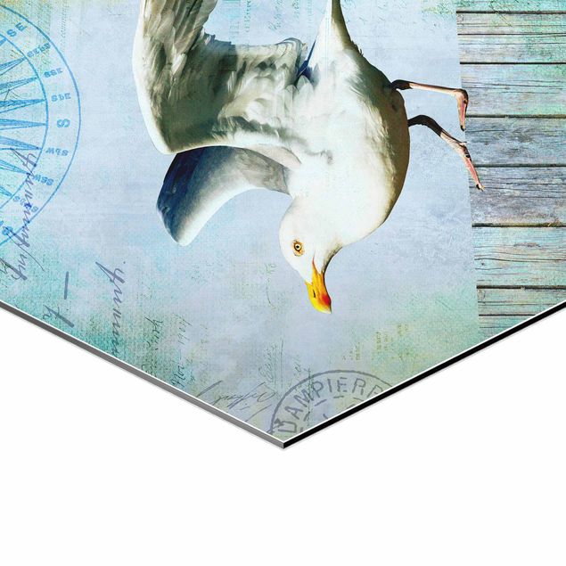 Billeder Vintage Collage - Seagull On Wooden Planks