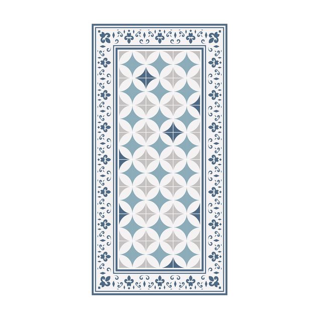 moderne tæppe Geometrical Tiles Circular Flowers Dark Blue With Border