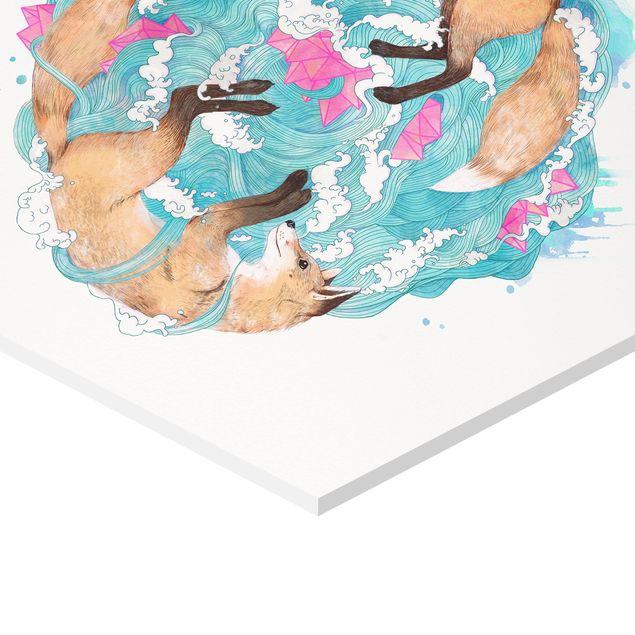 Sekskantede billeder Illustration Foxes And Waves Painting
