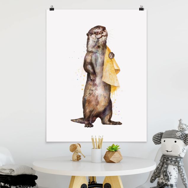 Plakater kunsttryk Illustration Otter With Towel Painting White