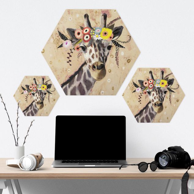 Hexagon Bild Alu-Dibond - Klimt Giraffe