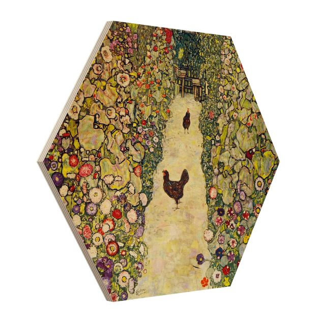Prints på træ blomster Gustav Klimt - Garden Path with Hens