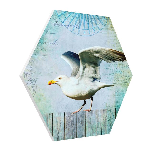 Billeder retro Vintage Collage - Seagull On Wooden Planks