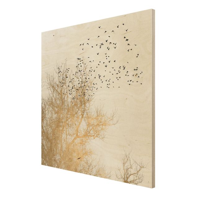 Billeder Kubistika Flock Of Birds In Front Of Golden Tree