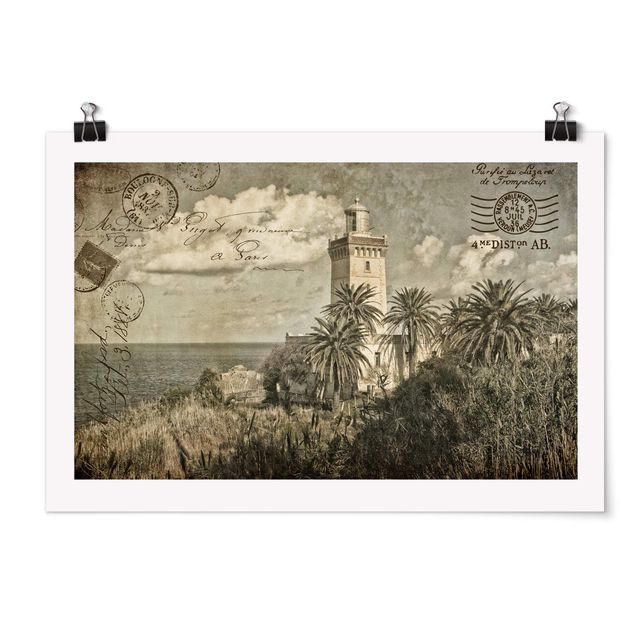 Plakater landskaber Lighthouse And Palm Trees - Vintage Postcard