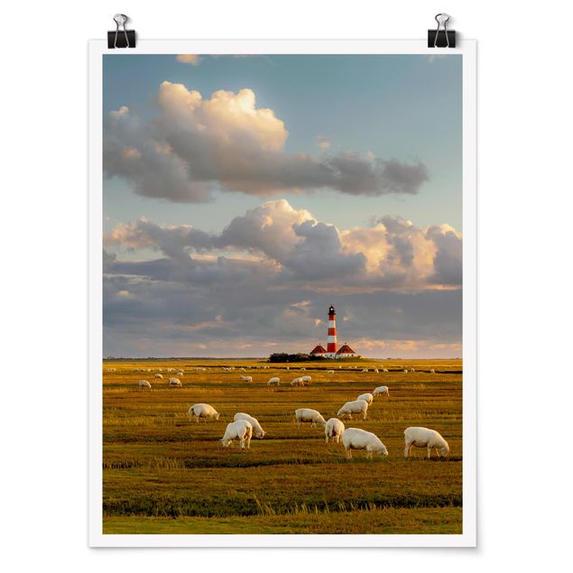 Plakater landskaber North Sea Lighthouse With Flock Of Sheep