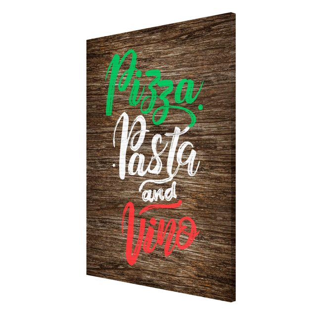 Magnettavler trælook Pizza Pasta and Vino On Wooden Board