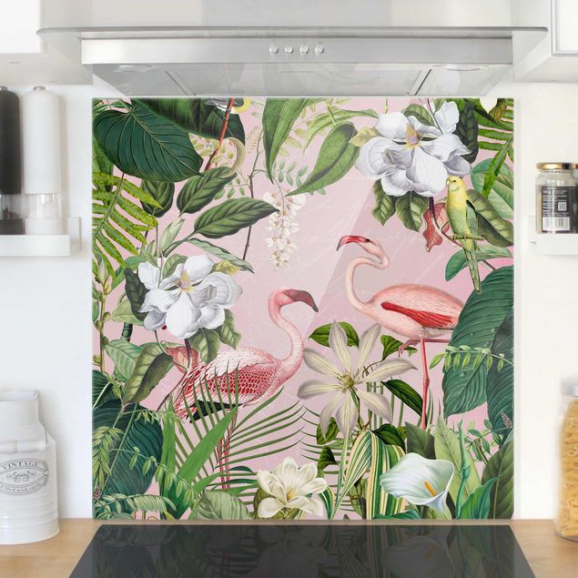 køkken dekorationer Tropical Flamingos With Plants In Pink