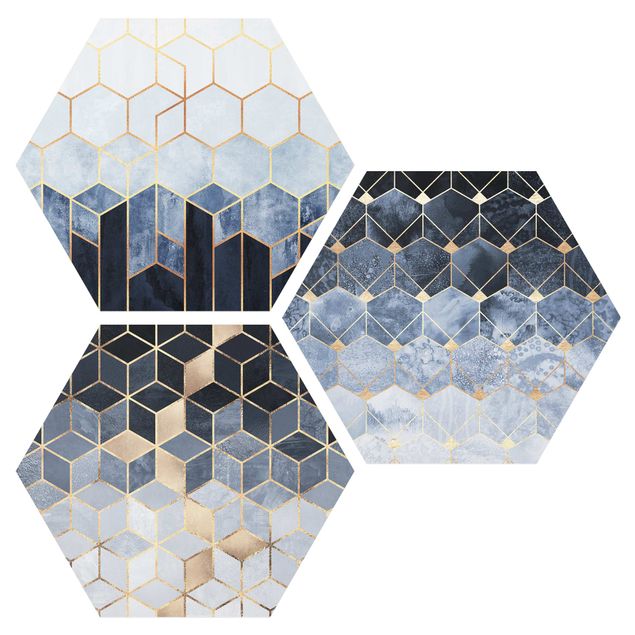 Billeder abstrakt Blue White Golden Hexagons Set