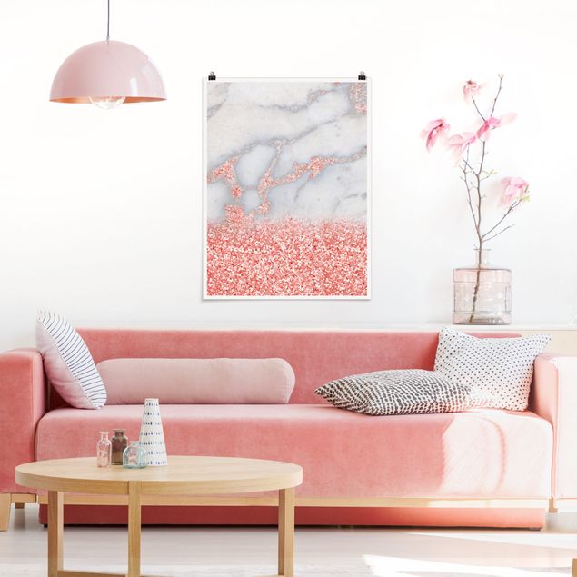 Plakater kunsttryk Marble Look With Pink Confetti
