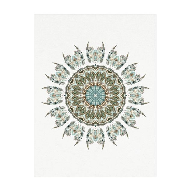 blomstret gulvtæppe Mandala Watercolours Feathers Hand Painted Blue Green