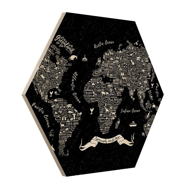 Sekskantede billeder Typography World Map Black
