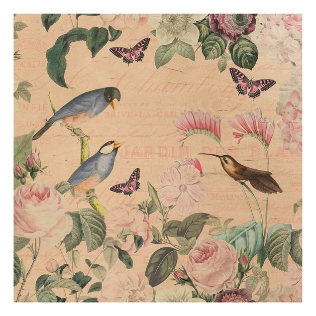 Prints på træ blomster Vintage Collage - Roses And Birds