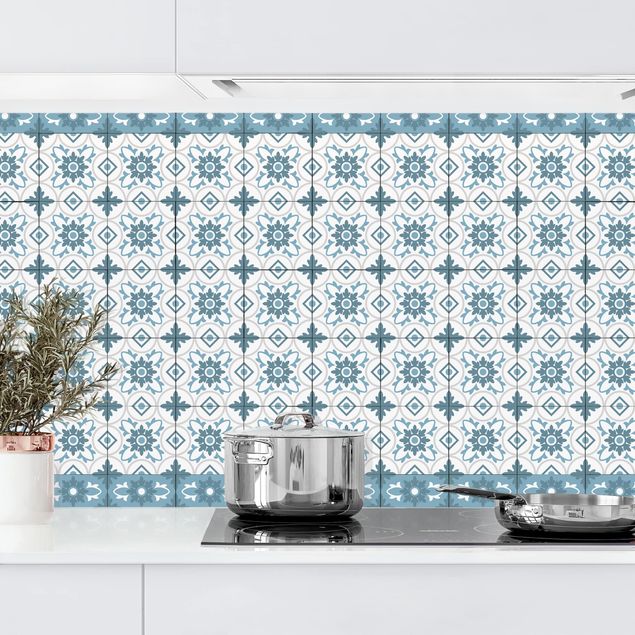 køkken dekorationer Geometrical Tile Mix Flower Blue Grey