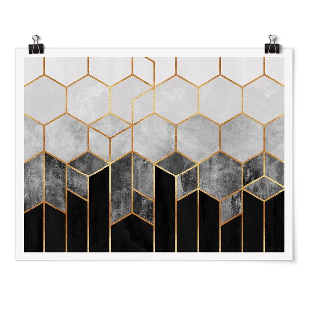 Billeder kunsttryk Golden Hexagons Black And White