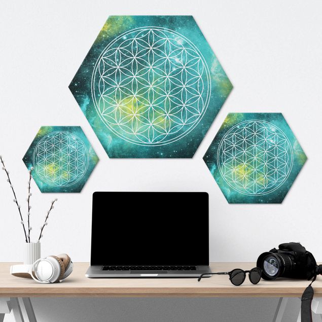 Hexagon Bild Alu-Dibond - Blume des Lebens im Licht der Sterne