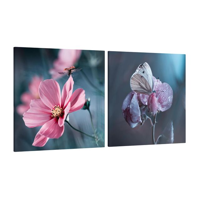 Billeder på lærred blomster Butterfly And Ladybug On Flowers