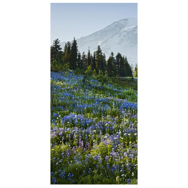 Panelgardin - Mountain Meadow With Blue Flowers in Front of Mt. Rainier