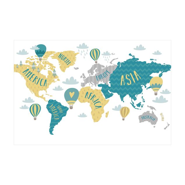 Tæpper petroleumsblå World Map with Hot-Air Balloon