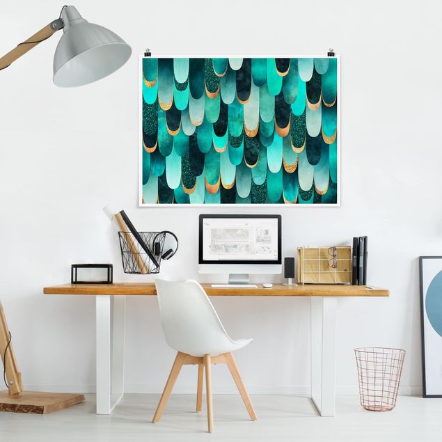 Plakater abstrakt Feathers Gold Turquoise