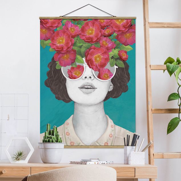 køkken dekorationer Illustration Portrait Woman Collage With Flowers Glasses