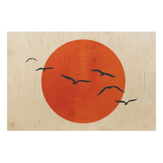 Prints på træ landskaber Flock Of Birds In Front Of Red Sun I