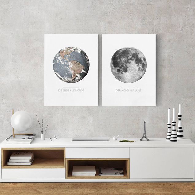 Billeder på lærred verdenskort Moon And Earth