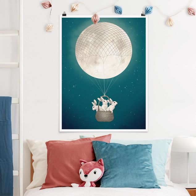 Plakater kunsttryk Illustration Rabbits Moon As Hot-Air Balloon Starry Sky