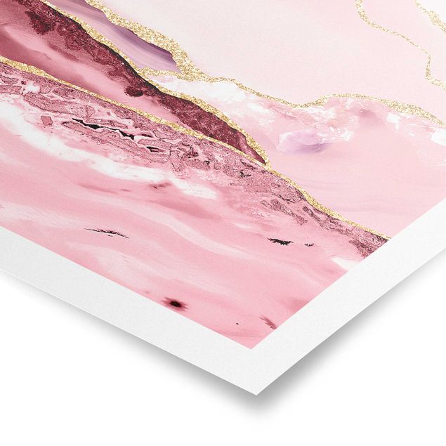 Billeder kunsttryk Abstract Mountains Pink With Golden Lines