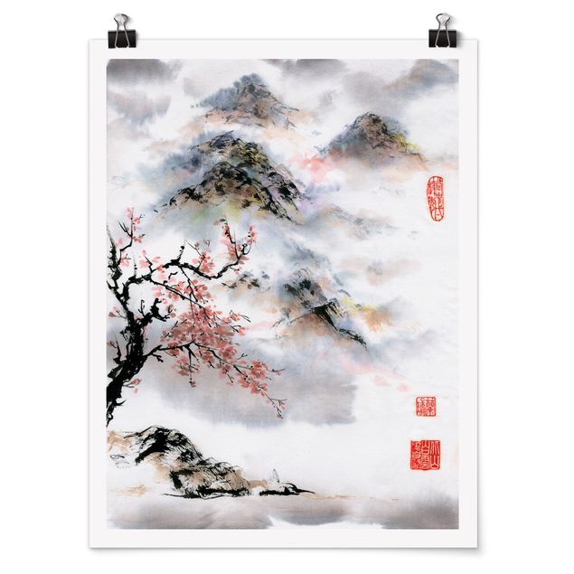 Billeder landskaber Japanese Watercolour Drawing Cherry Tree And Mountains